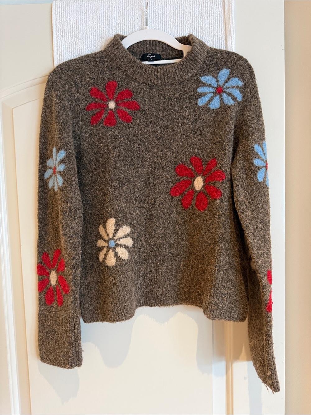 Rails Gray Crewneck Sweater with Red, Blue & Cream Floral Motifs